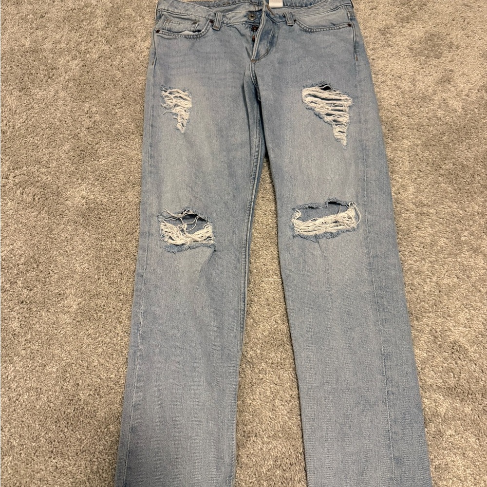 H&M Light Blue Distressed Straight Leg Jeans